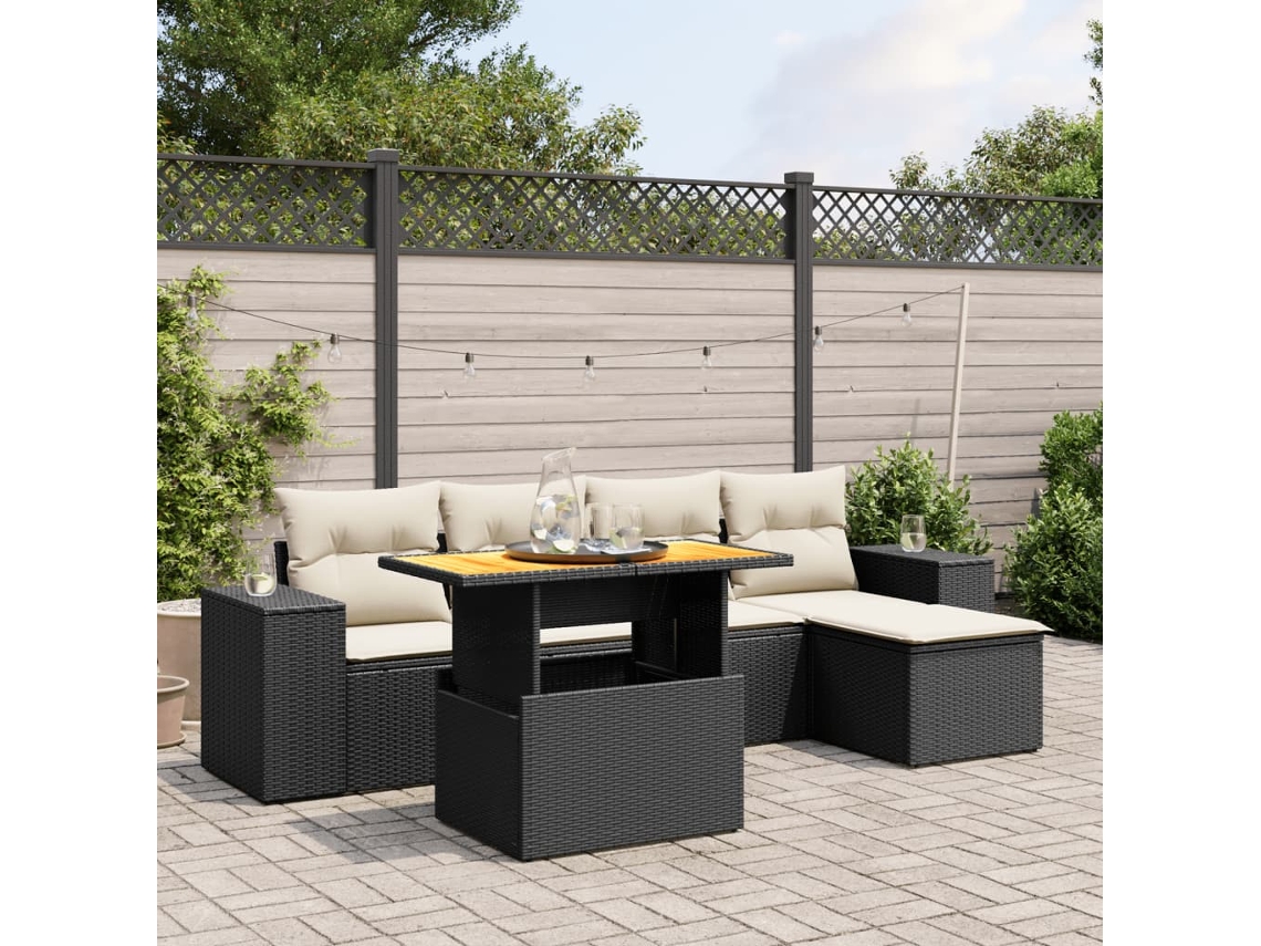 Conjunto de sofá de jardín de 6 piezas con cojines, mimbre sintético negro, DKD Home Decor