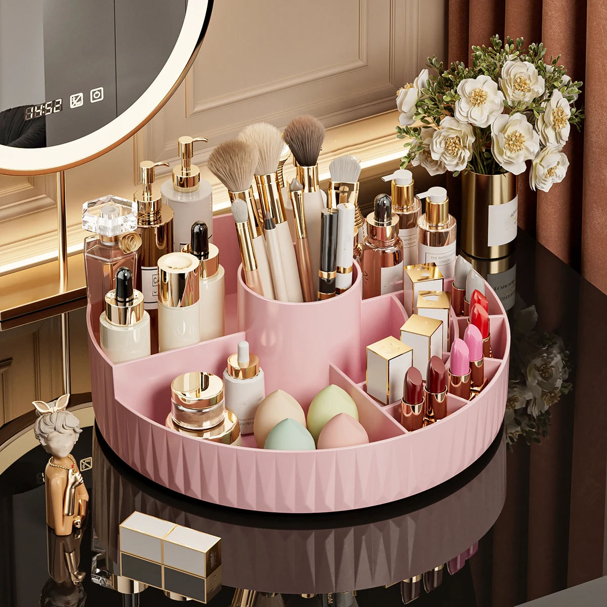 (rosa) Organizador De Cosméticos Giratorio Con Múltiples Compartimentos