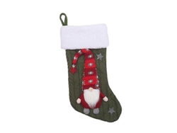 Calcetín Navideño Tejido Con Un Elfo Sueco De Peluche En 3d Con Gorro Largo Para Decoración Y Regalos.