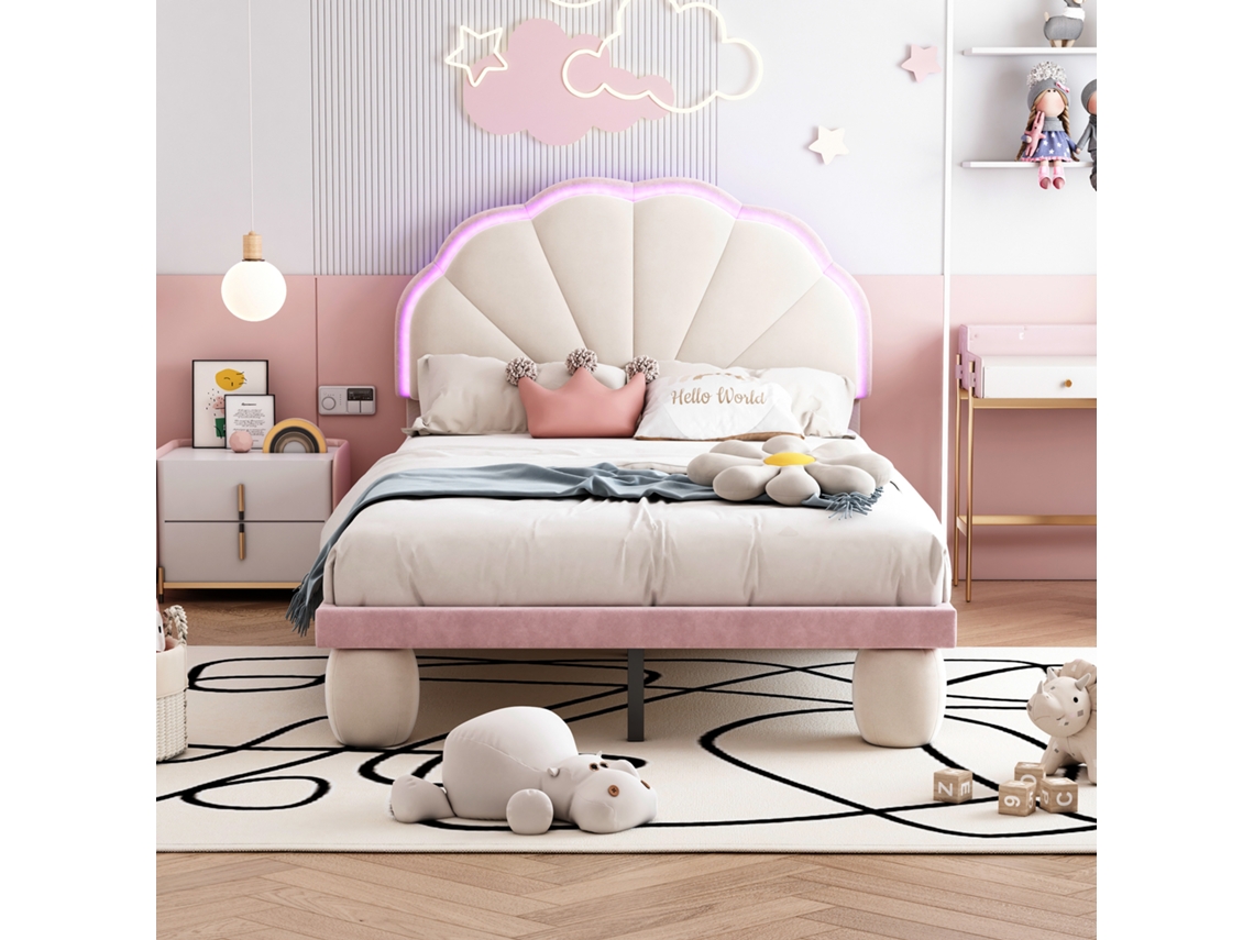 Cama Infantil De 90x200 Cm Con Cabecero Ondulado De Terciopelo Con Led.