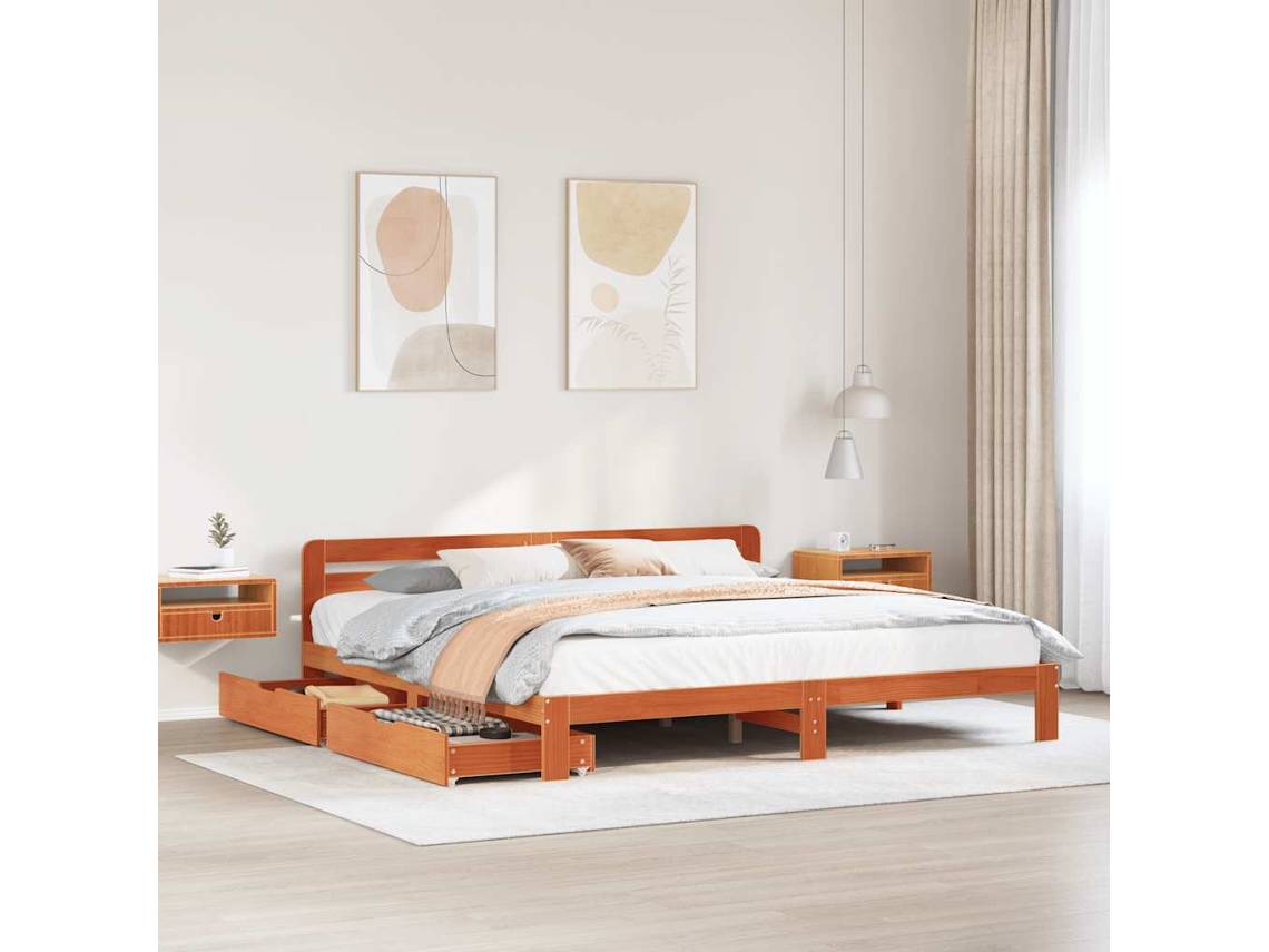 Cama Sin Colchón Madera Maciza De Pino Marrón Cera 200x200 Cm