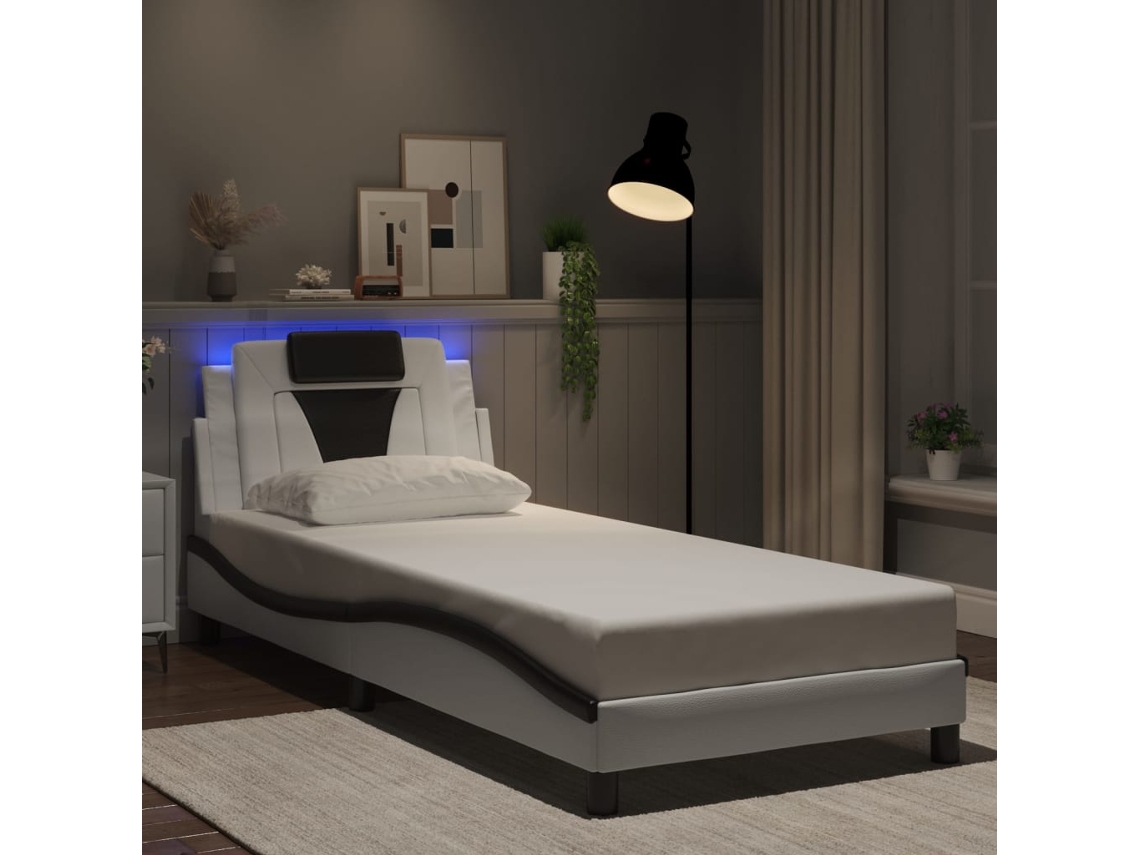 Estructura Cama Con Led Cuero Sintético Blanco Negro 90x200 Cm