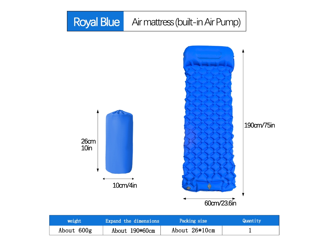 Colchoneta de camping Digitallab ultraligera, inflable con pedal, 190 x 60 cm, Lt04 (azul rey)