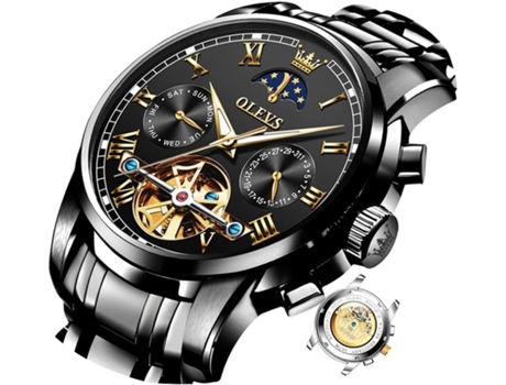 VEANXIN Reloj mecánico automático para Hombre Fase Lunar Hueco Acero Inoxidable 3AT Luminoso Reloj Impermeable para Hombre(negro)