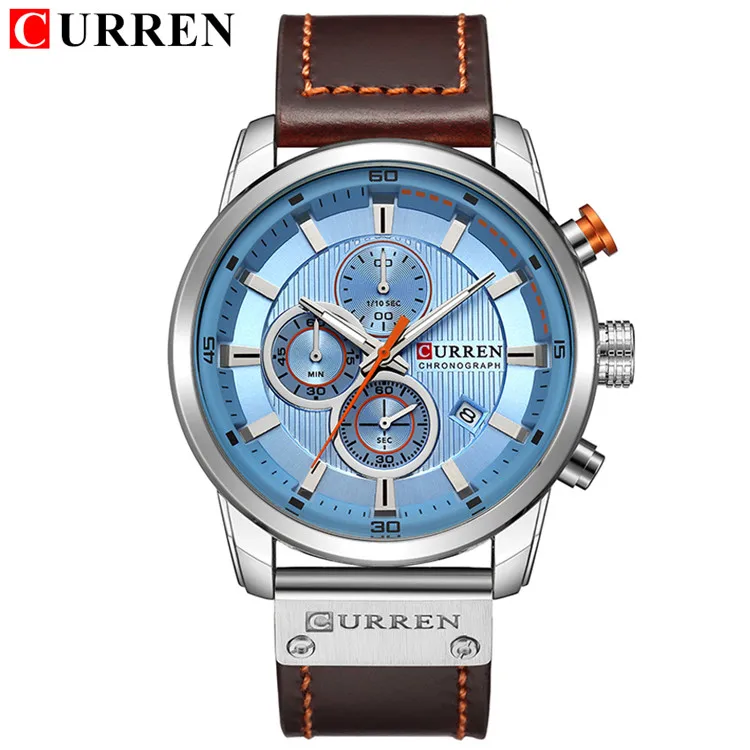 Reloj Deportivo De Cuero Genuino Para Hombre (azul Plateado), Reloj De Pulsera Militar Para Hombre, Cronógrafo.