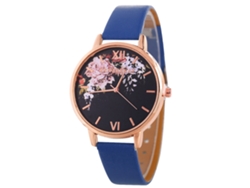 Reloj De Pulsera Para Mujer Con Diseño Floral Y Correa De Cuero Azul - Zafiro