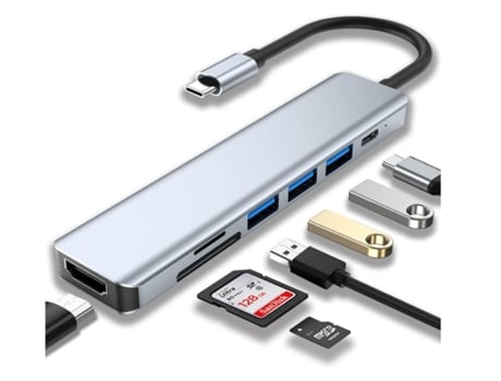 Hub USB C Adaptador USB C Estación de acoplamiento USB C 7 en 1 con 4K Hdmi Usb 3.0 100W Pd y lector de tarjetas Sd/Tf Gris