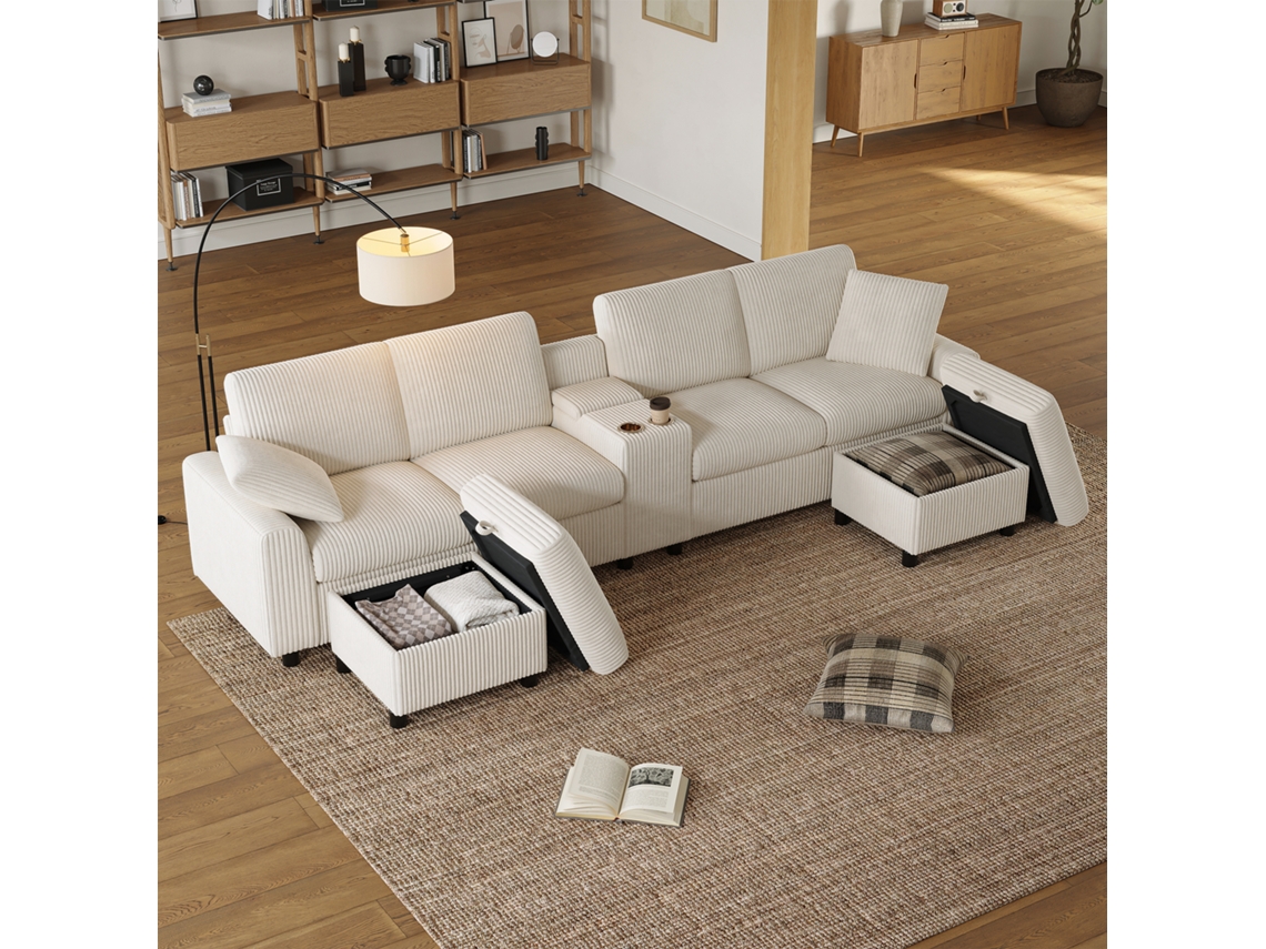 Sofá en forma de U 315x81x135 cm con 2 pufs, mesa, 2 portavasos, puerto USB y enchufes - Muebles Beige