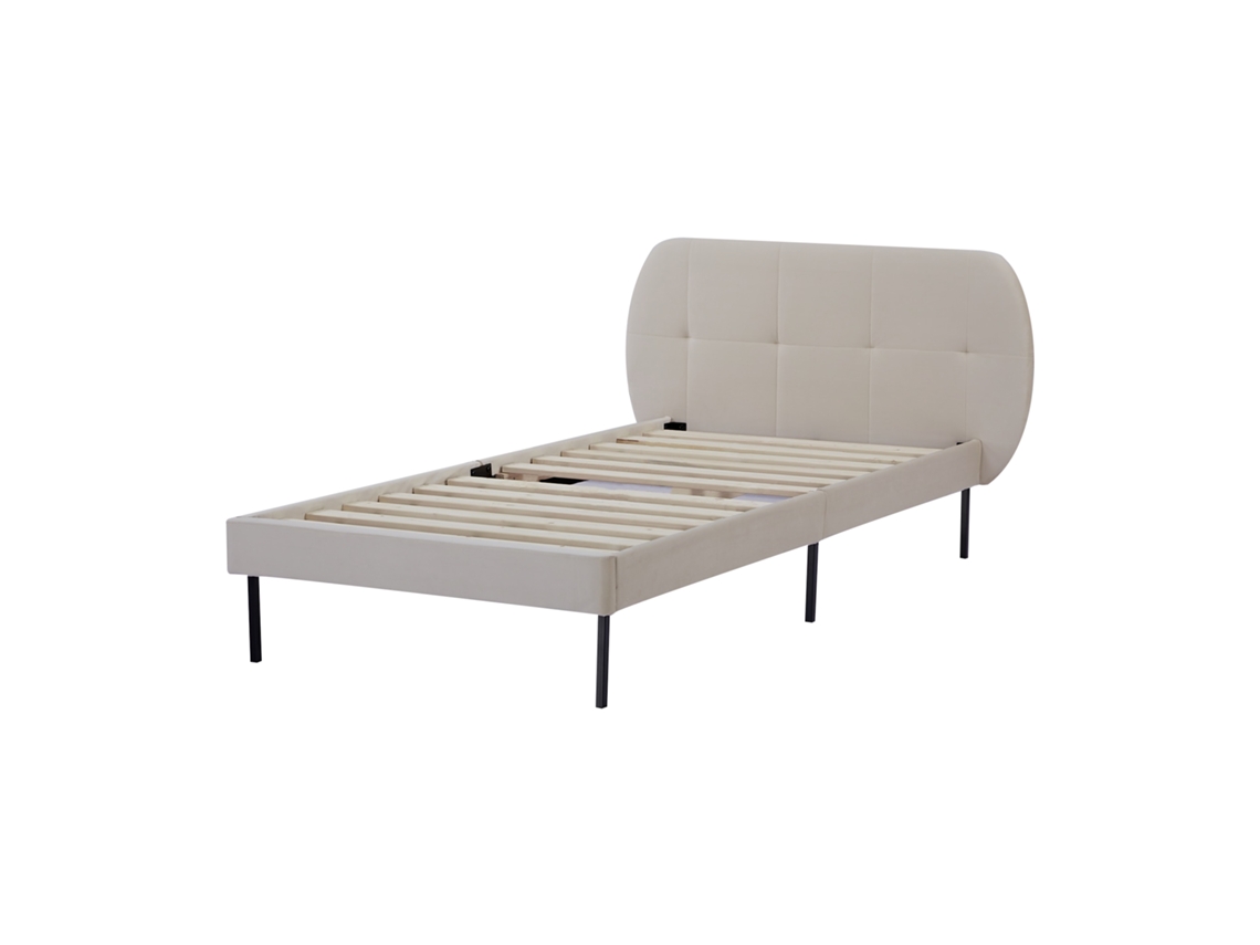 Cama con Cabecero Tapizada Porvoo [EN.CASA] Madera de Pino Terciopelo Beige (90x200cm)