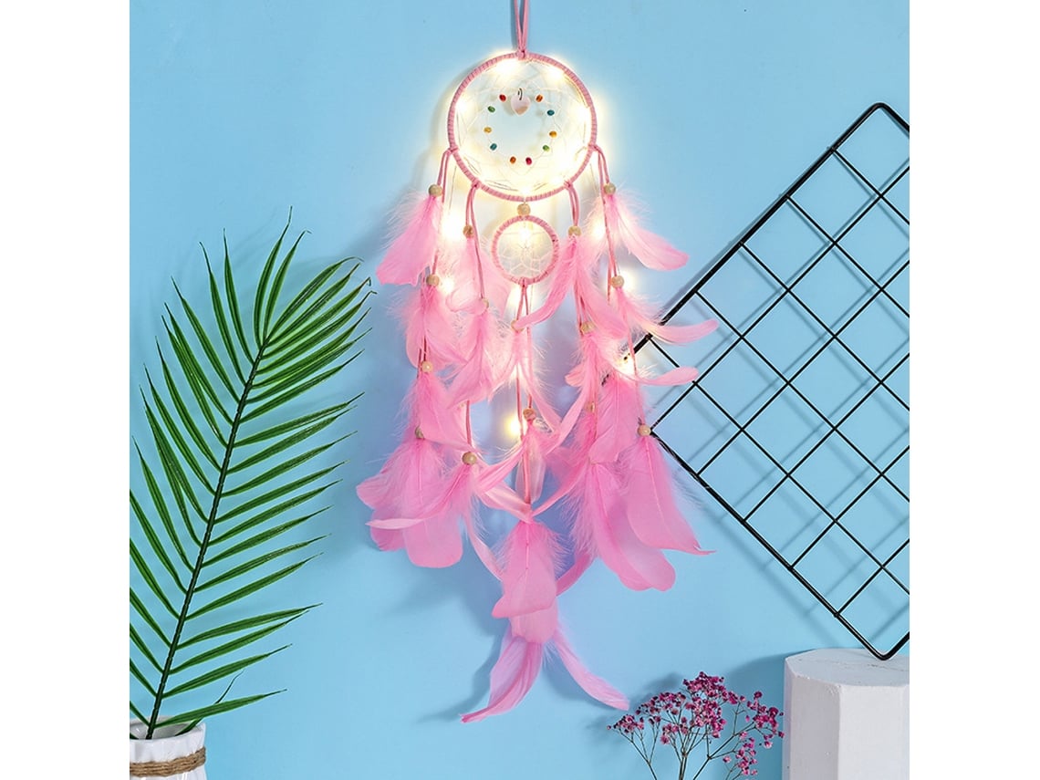 Ats-redes De Sueños Con Plumas Y Luz Led Portátiles Artesanales Colgantes De Pared Decoración Para Hogar Y Fotografía
