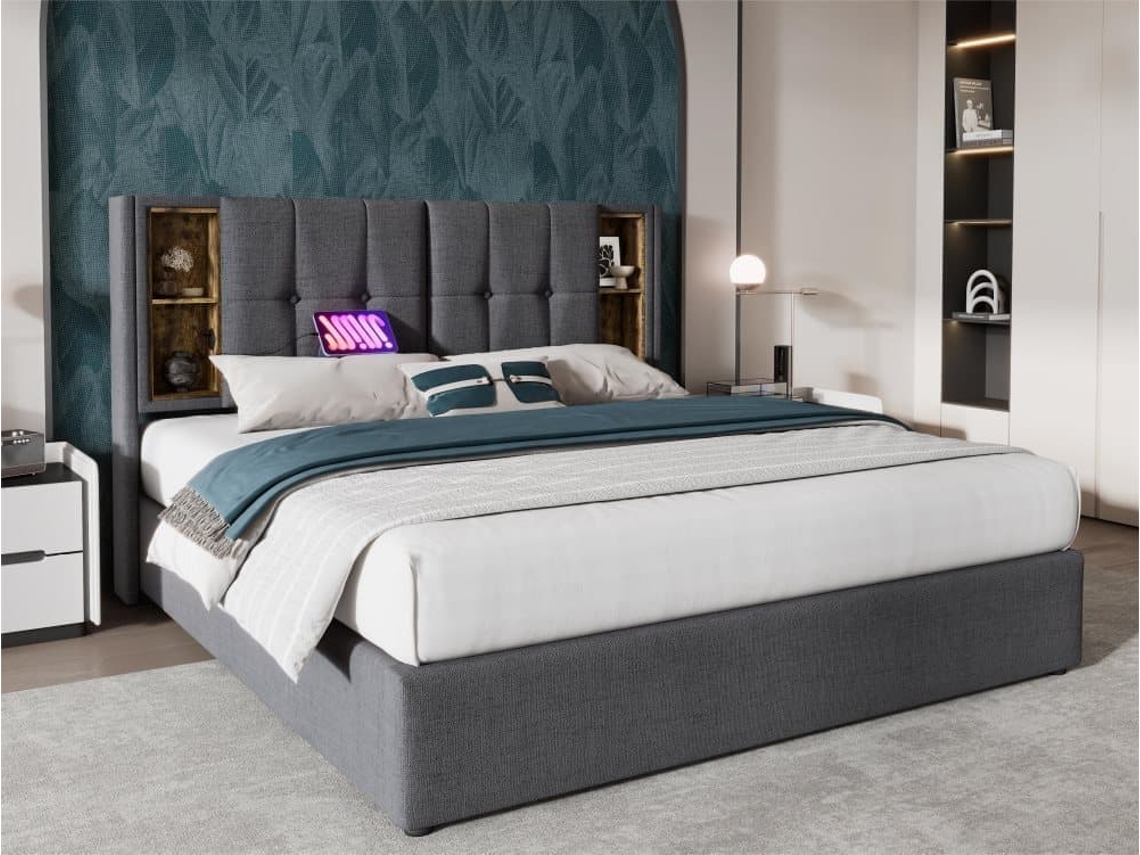 Cama Con Almacenaje Acolchada 140x200 Cm - Con Cabezal De Almacenamiento Y Carga Inalámbrica - Tejido De Algodón - Gris