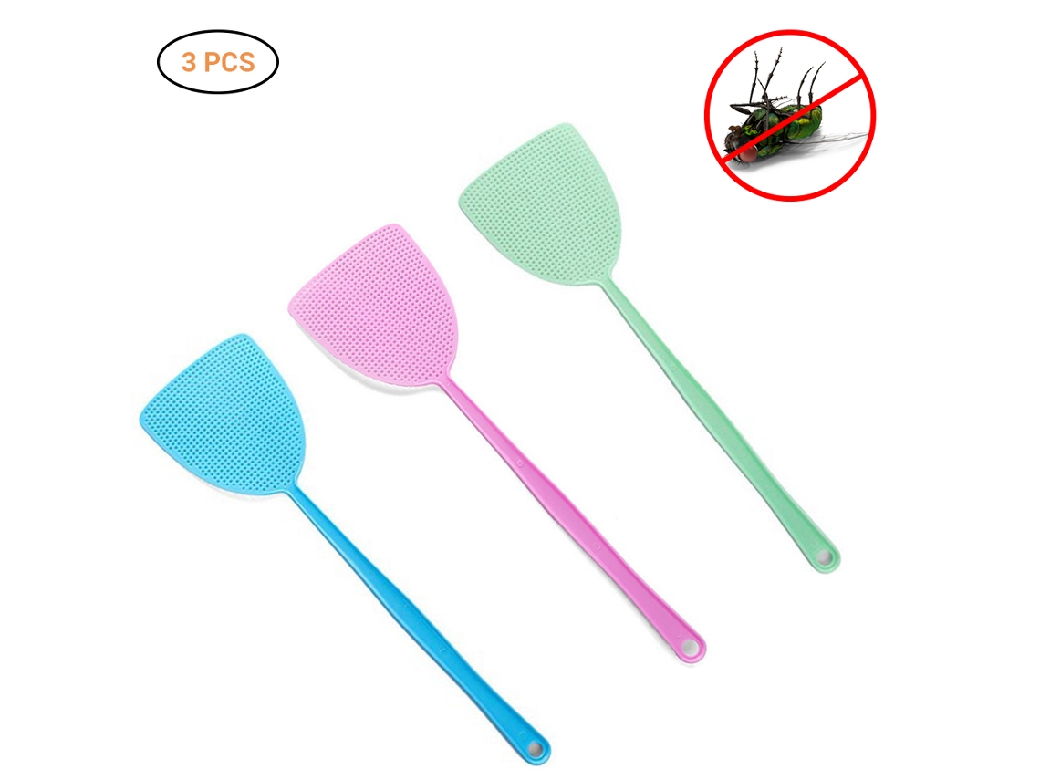 3 Matamoscas De Mano De Plástico Con Mango Largo Para El Control De Mosquitos E Insectos.