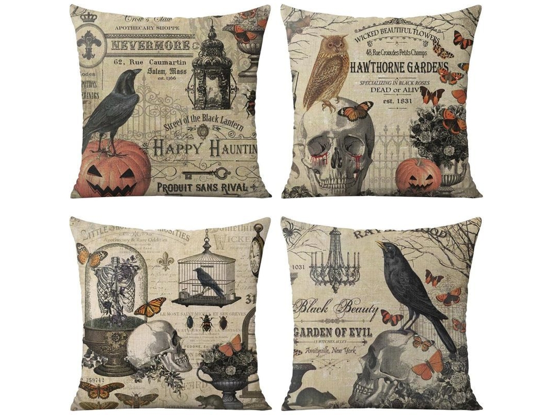 Juego De 4 Fundas De Almohada De Halloween Con Diseños De Avestruz, Búho, Calavera Y Calabaza, 45 X 45 Cm.