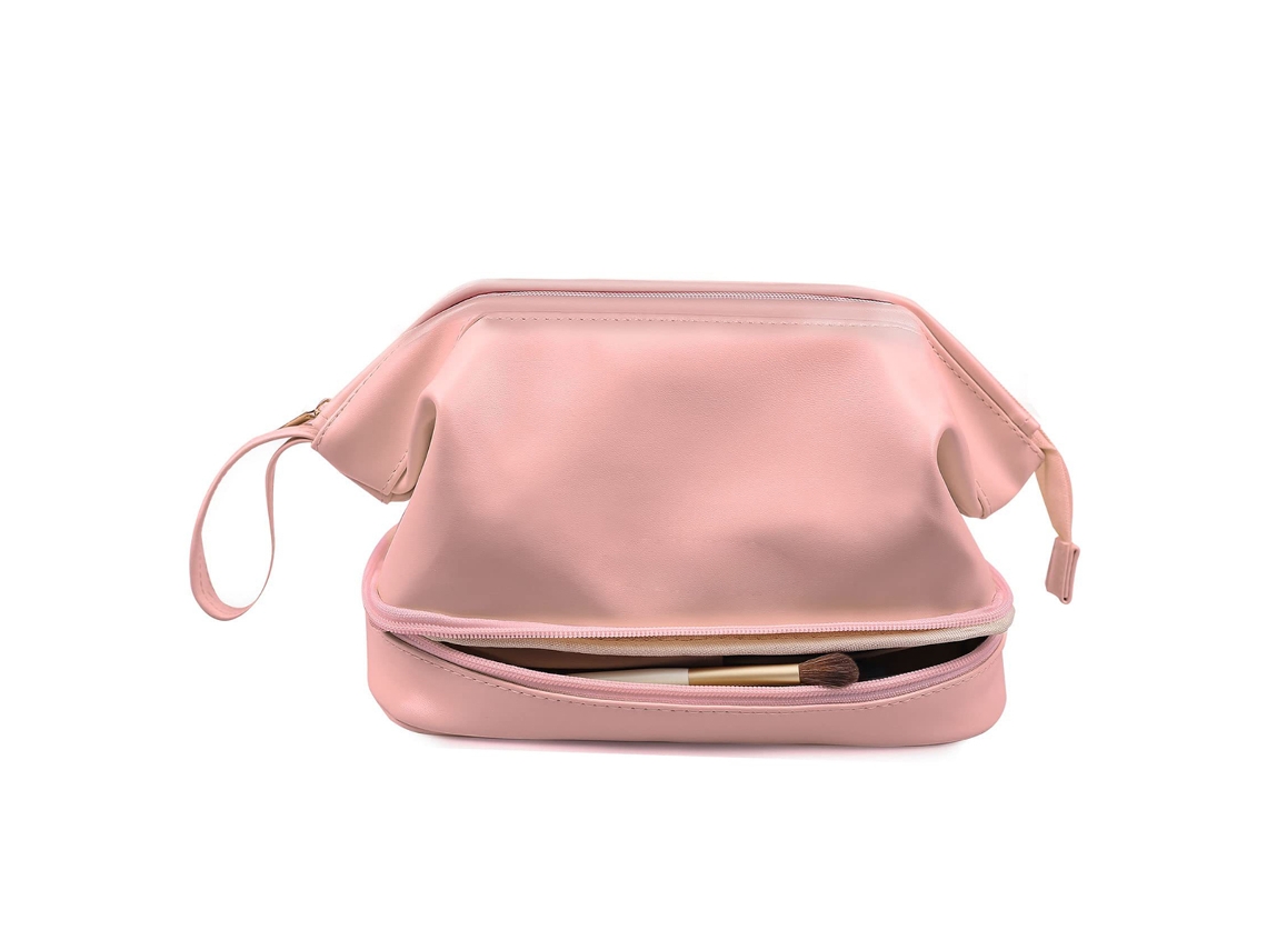 Neceser de viaje doble para mujer, de piel rosa (14 x 17,8 x 23,9 cm)
