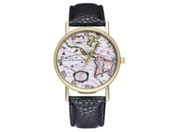 Reloj De Pulsera De Cuarzo Para Mujer Con Correa De Cuero Y Diseño De Mapa Negro.