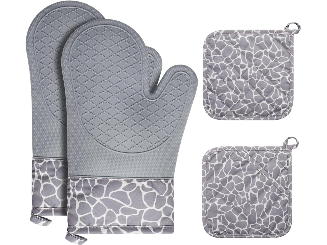 Juego de guantes y pinzas antideslizantes - 1 par de guantes y 2 pinzas antideslizantes de silicona - Gris