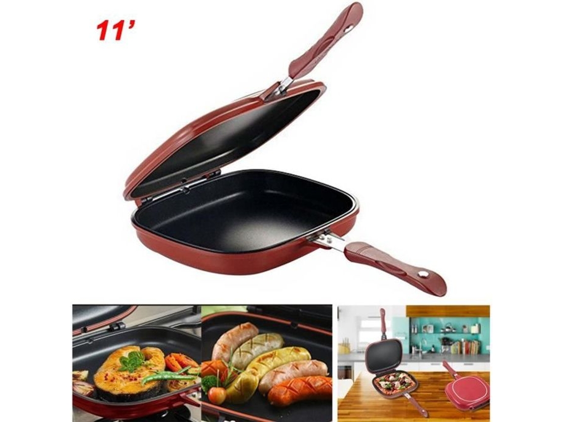 Parrilla antiadherente de doble cara con fondo plano - SURENHAP - 28cm - Rojo - Mango magnético SURENHAP