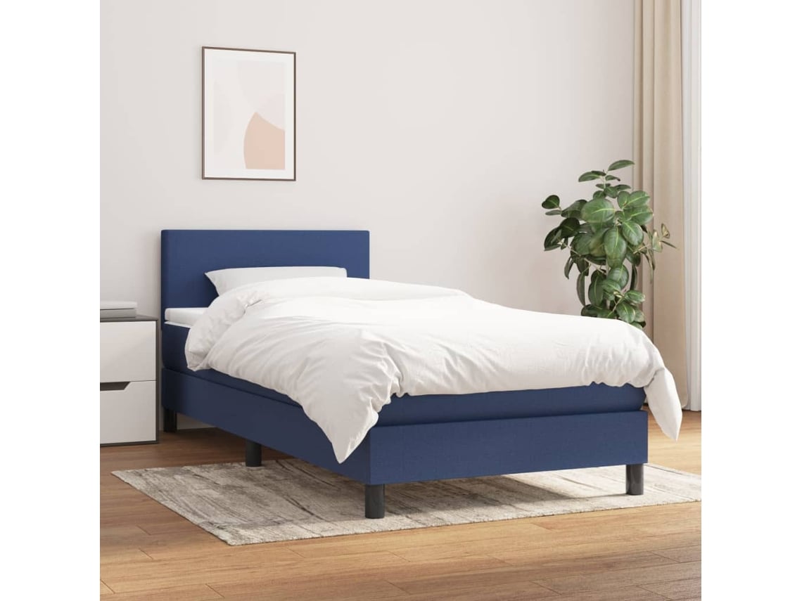 Cama Box Spring Con Colchón Tela Azul 100x200 Cm