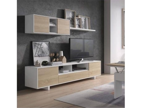 Mueble De Salon moderno modulos comedor modelo belus acabado en blanco brillo y roble canadian medidas 200 cm ancho 41 fondo 46 alto tv fores 46x20x41
