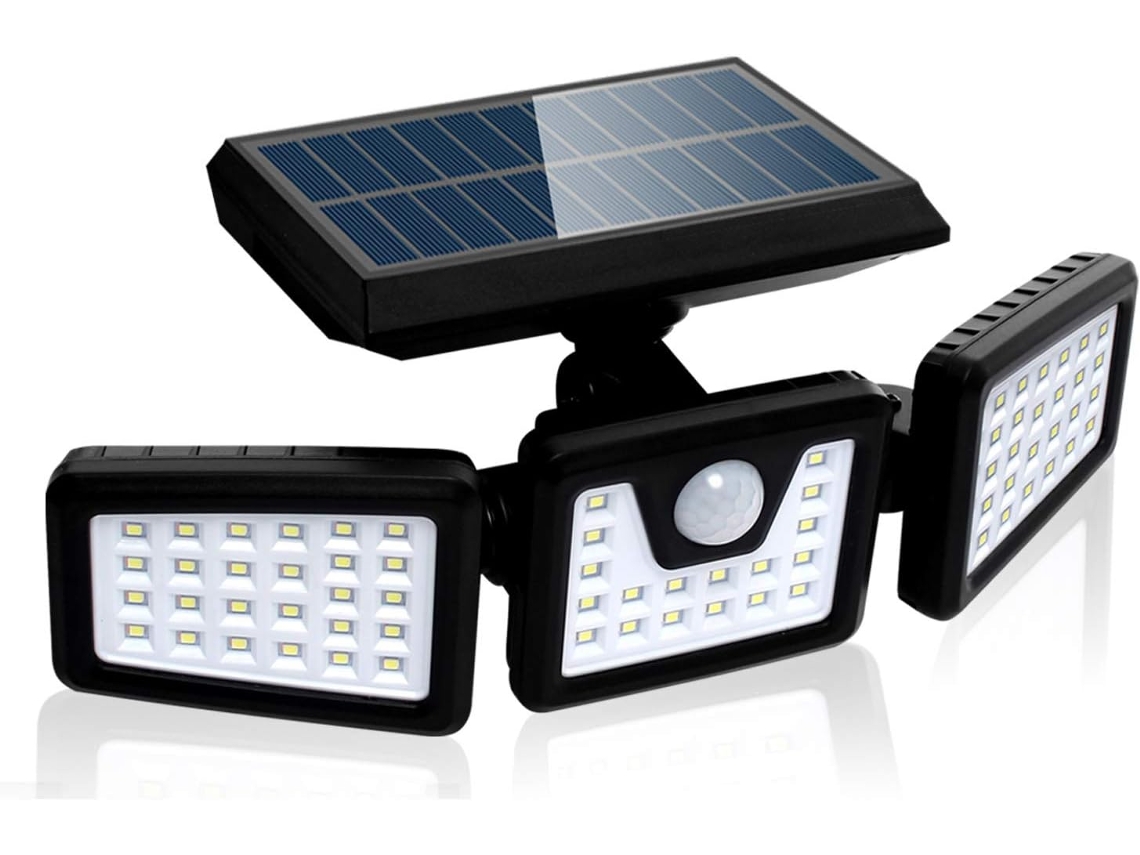Luz De Segurança Solar Com Sensor De Movimento, Refletor De Parede Externo Potente Com 3 Cabeças Ajustáveis ​​– 550 Lúmens