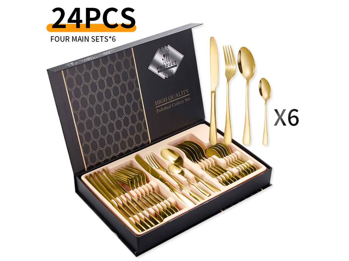 Juego de cubiertos de acero inoxidable de 24 piezas para 6 personas, acabado dorado, Tommy01