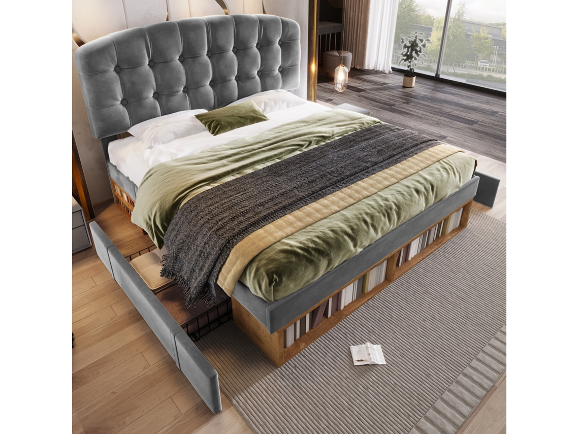 Cama Doble De 140x200 Cm En Terciopelo Gris, Somier De Láminas, Cabecero Curvo Regulable, Cajones De Almacenamiento, Colchón No Incluido.