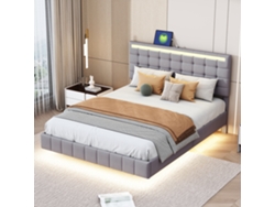 Cama Suspendida Gris De 140x200 Cm, Con Iluminación Led, Cabecero De Diseño Y Estilo Minimalista.