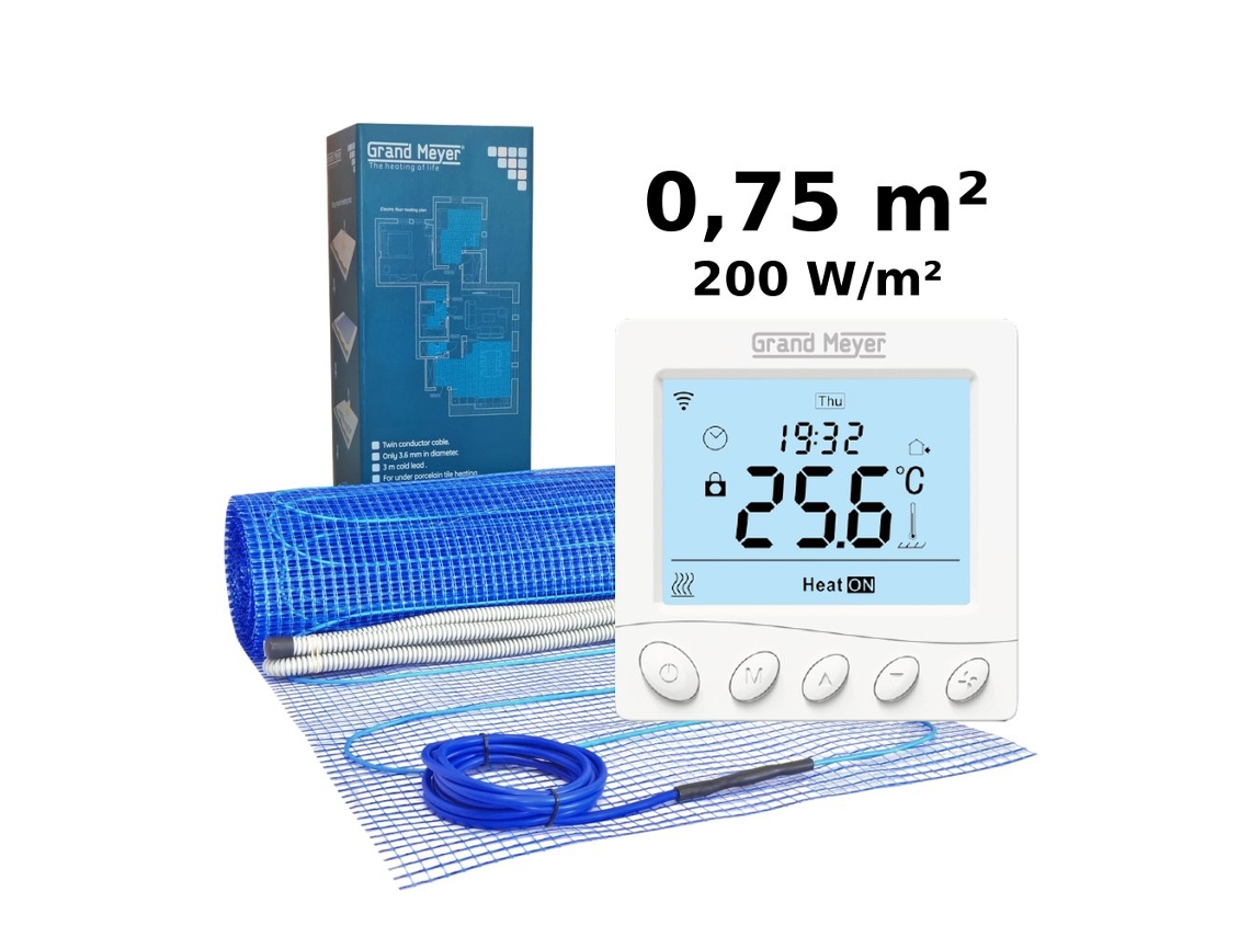 Kit de calefacción eléctrica por suelo radiante de 0,75 m², 200 W/m² W350. Termostato programable Wi-Fi Grand Meyer.