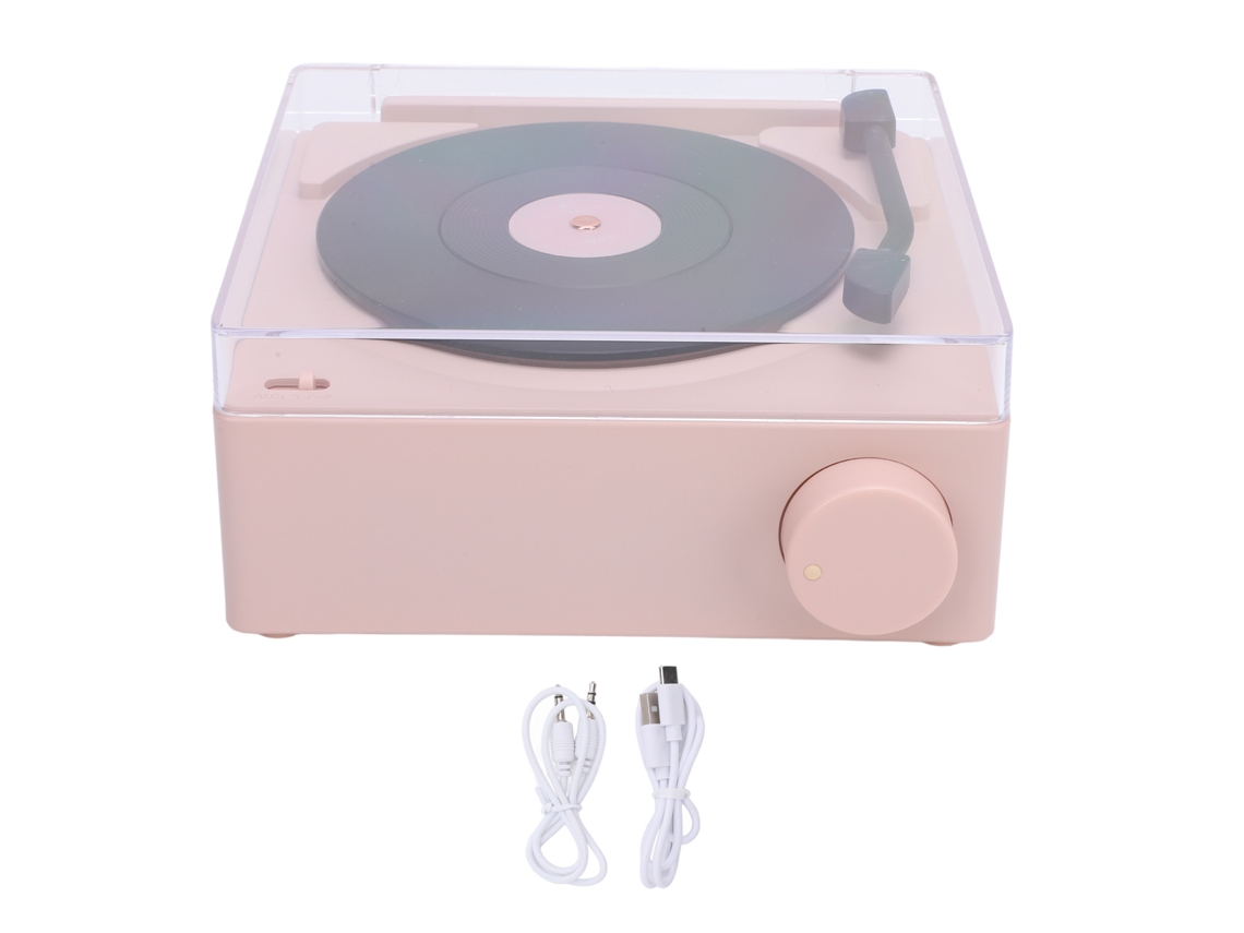 Tocadiscos portátil Bluetooth rosa con alarma y decoración