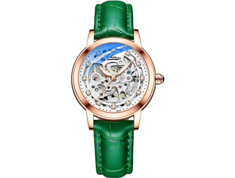 VEANXIN Reloj de cuero impermeable mecánico hueco automático para mujer-Verde