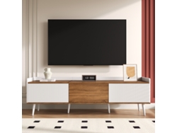 Mueble Para Tv En Blanco Y Madera Natural, 160x39x49,5 Cm, 3 Puertas Ranuradas, Borde Elevado, Patas De Madera Maciza