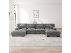Sofá modular en U de 4 plazas, sofás Cloud, cómodo con puf móvil, color gris chenilla, Mobrio.