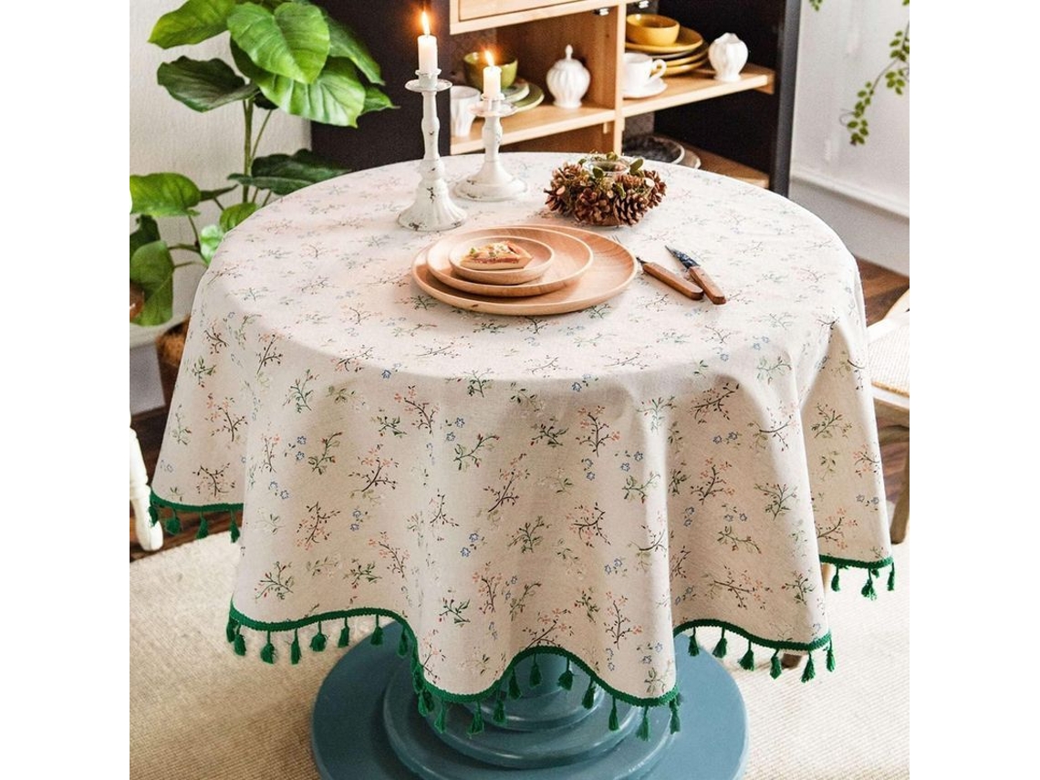 Rebe-mantel Redondo De Algodón Lino Con Estampado Floral Y Borlas Verdes Para Mesa De Comedor Y Picnic 150cm