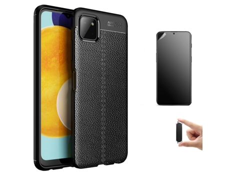 Carcasa + Protector + Soporte Samsung A22 5G Rugged Leather Negro BD-HF&LC