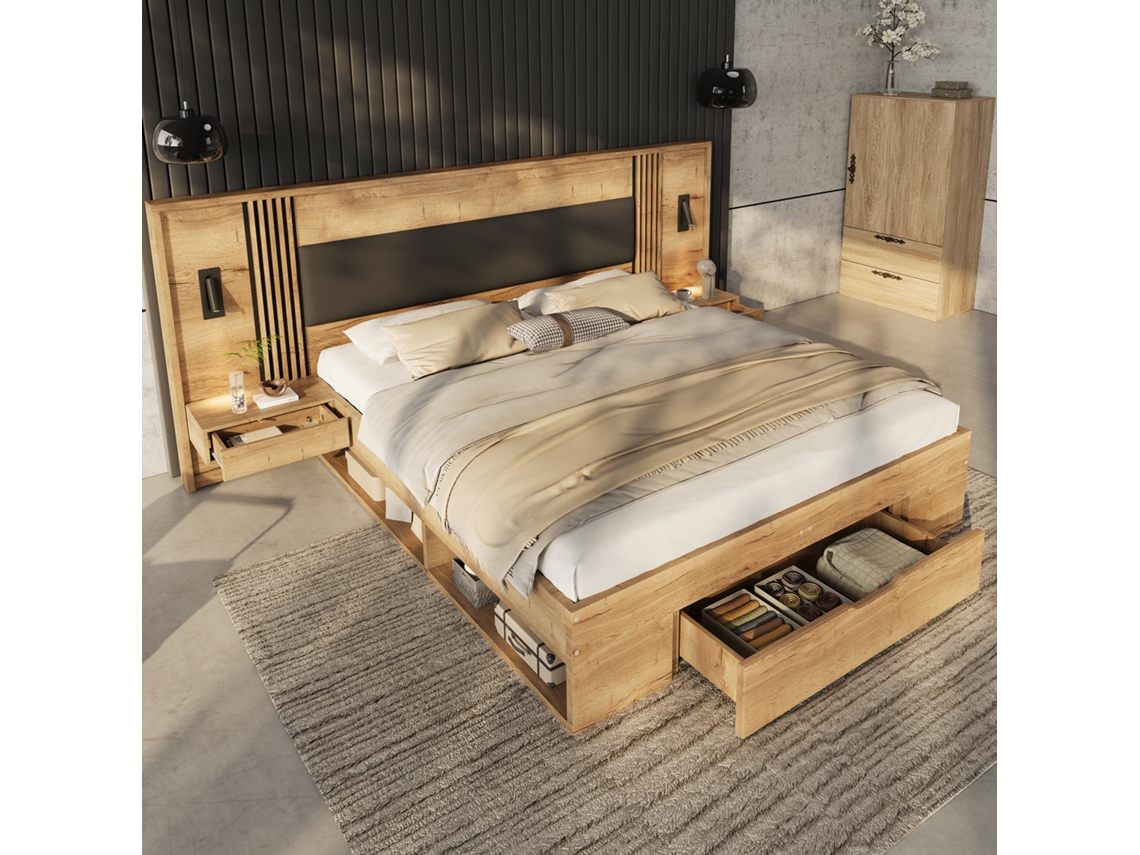 Cama Doble De 180x200, Con Espacio De Almacenamiento, De Madera, Zona De Lectura, 2 Mesitas De Noche, Cajones, Acabado Natural.