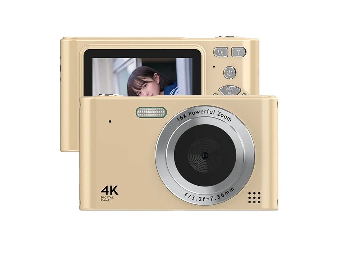 Cámara digital portátil Bestvite 4K de alta resolución con zoom de 16x y luz preactivada (dorada)