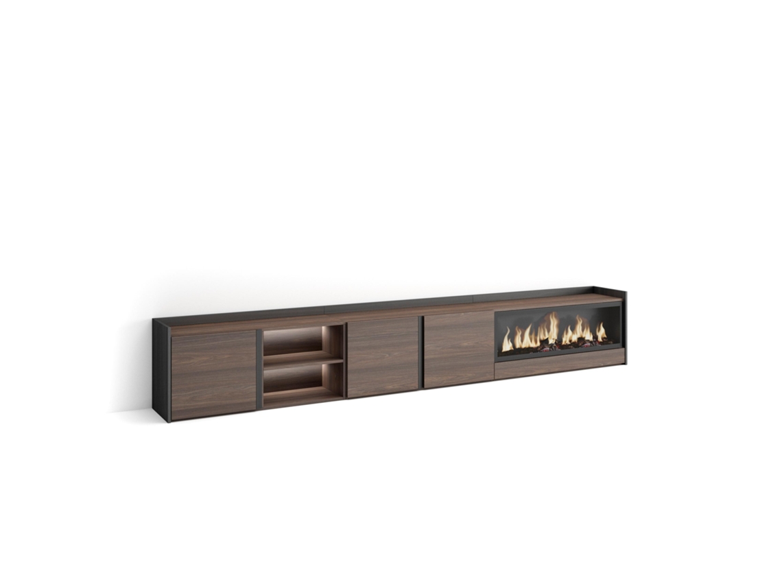 Mueble para TV, 315x35x50cm, para televisores de hasta 80'', chimenea eléctrica XXL, LED, roble oscuro y negro.