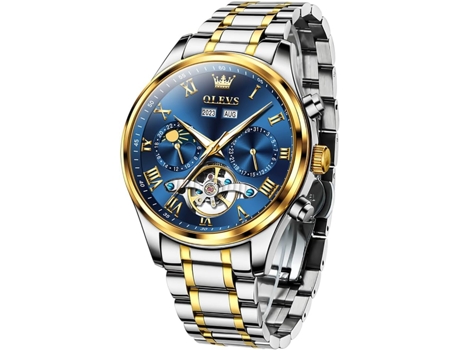 VEANXIN Reloj Tourbillon con Diamantes y Fase Lunar Luminoso Resistente al Agua de Acero Inoxidable Hueco automático para Hombres(esfera azul)