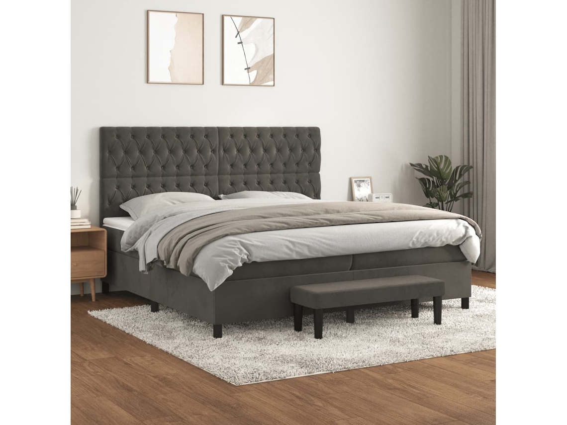 Cama Box Spring Con Colchón Terciopelo Gris Oscuro 200x200 Cm