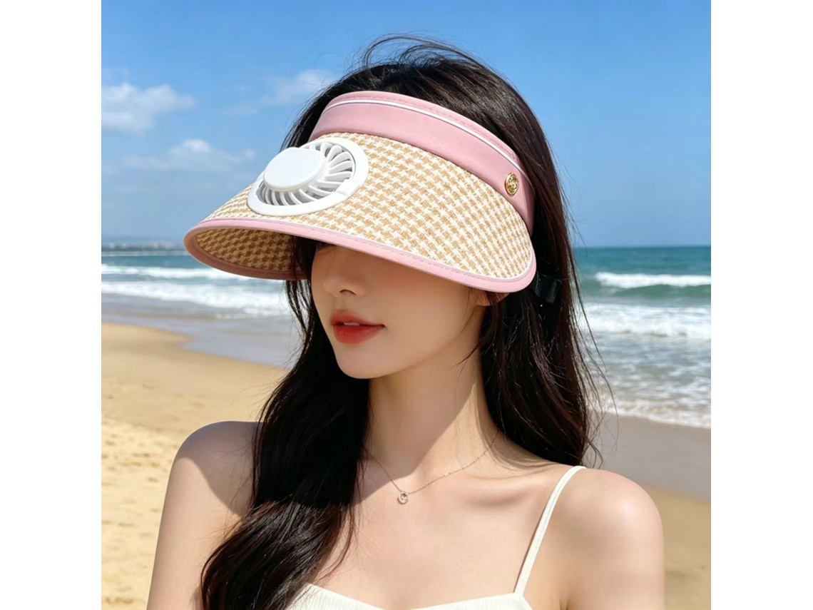 (rosa) Gorro Enrollable Recargable Por Usb Con Ventilador, Parasol De Verano Para Mujer Y Protección Uv.