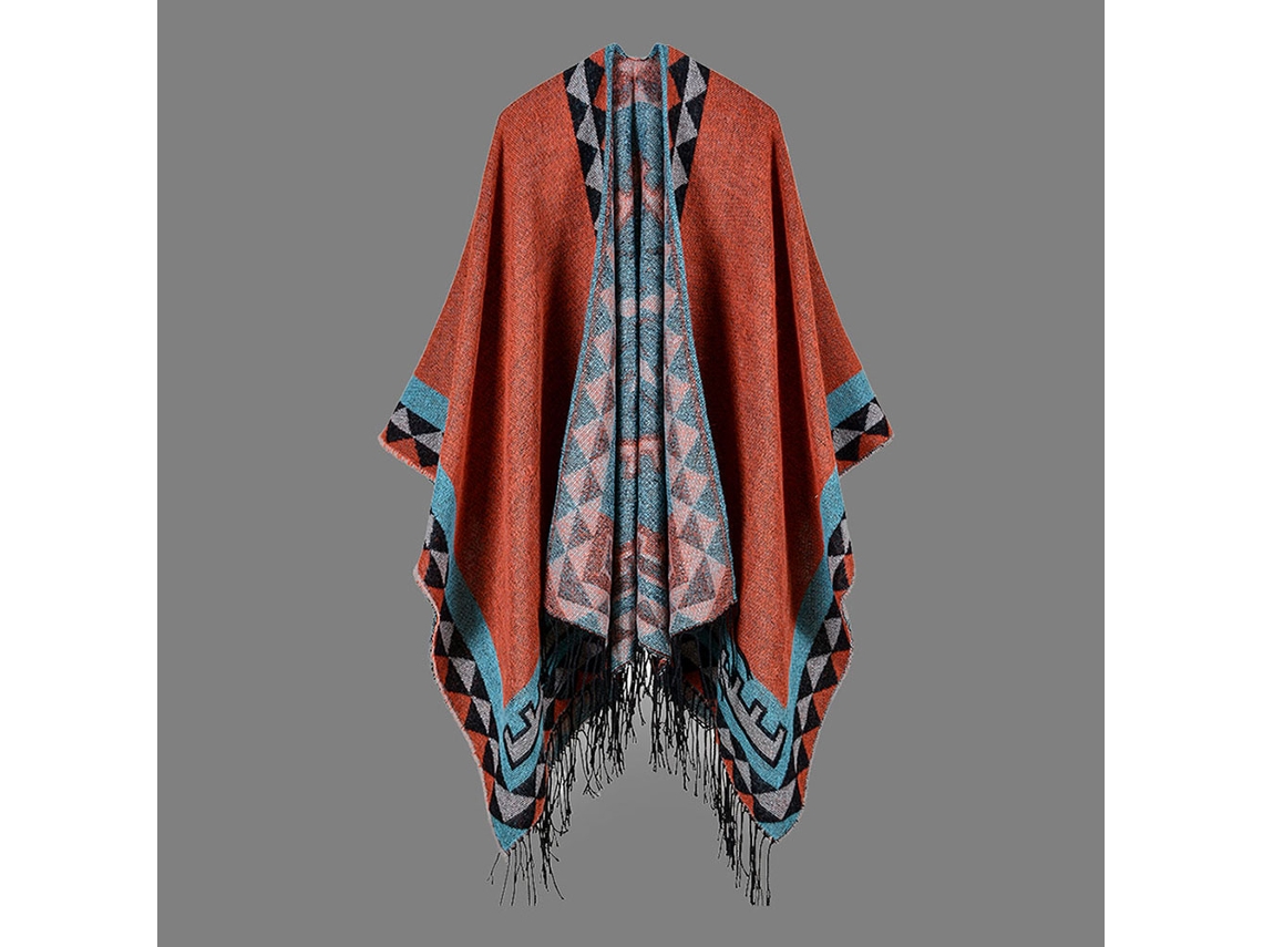 Poncho/chal De Mujer De Imitación De Cachemir Con Cuello Alto, Estampado Geométrico Y Borla Para Invierno.