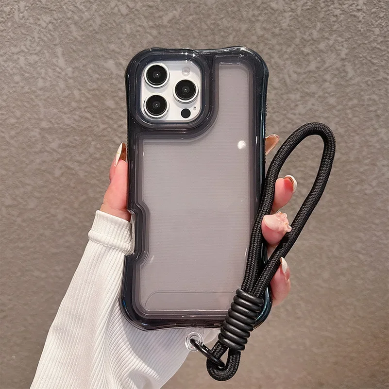 (negro, Iphone 15 Plus) Funda Protectora Transparente A Prueba De Caídas Con Airbag En Las Cuatro Esquinas Y Correa De Muñeca A Prueba De Golpes.