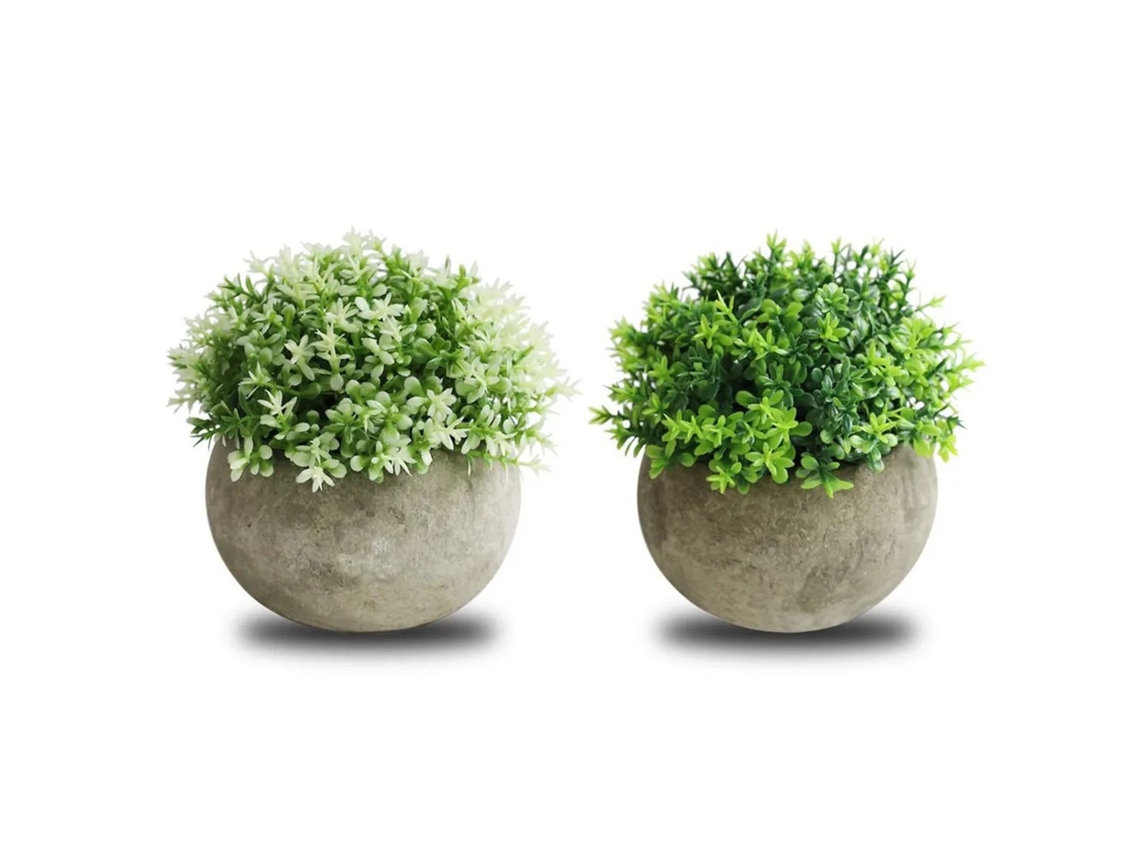 2 plantas bonsái simuladas en forma de bola semicircular blanca y verde.