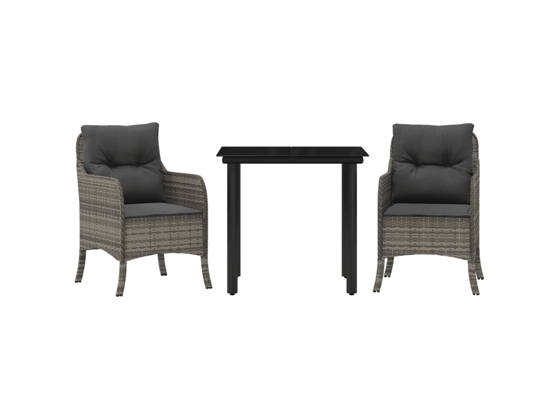 Conjunto de comedor de jardín de 3 piezas con cojines de mimbre, gris, EXCLUSIVO DE LA CASA (3 piezas)