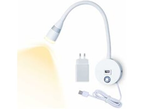 Lámpara de pared - Color blanco 3W Tres colores Regulador de intensidad Puerto USB 2A (Cable con enchufe estándar europeo)