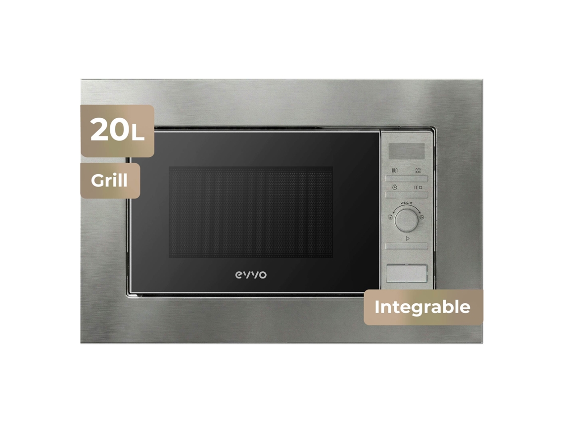 Microondas integrable Evvo Mi30 de acero inoxidable, capacidad de 21 l, grill de 1000 W, efecto brillante, multifunción, función de descongelación.