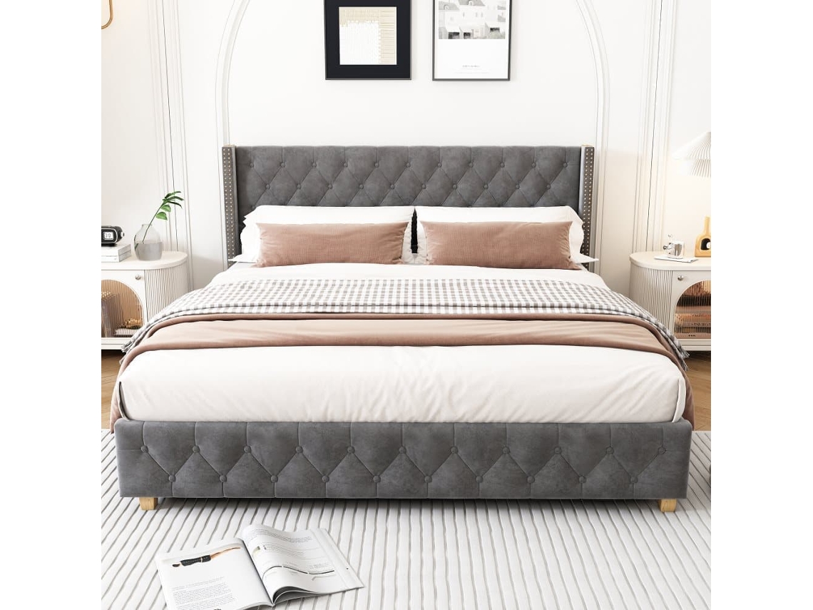 Cama Para Adultos Acolchada De Terciopelo - 140x190 Cm - Con Somier - Gris