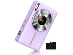 Cámara compacta FHD 1080p, zoom 16x, antivibración, memoria de 32 g, ideal para niños y niñas, color morado y plateado.