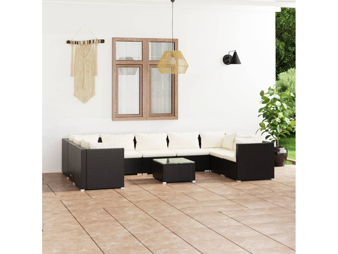 Conjunto de jardín DKD Home Decor de 10 piezas con cojines de mimbre negros