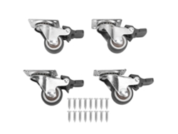 ruedas pequeñas giratorias, de acero y goma, montadas con tornillos.